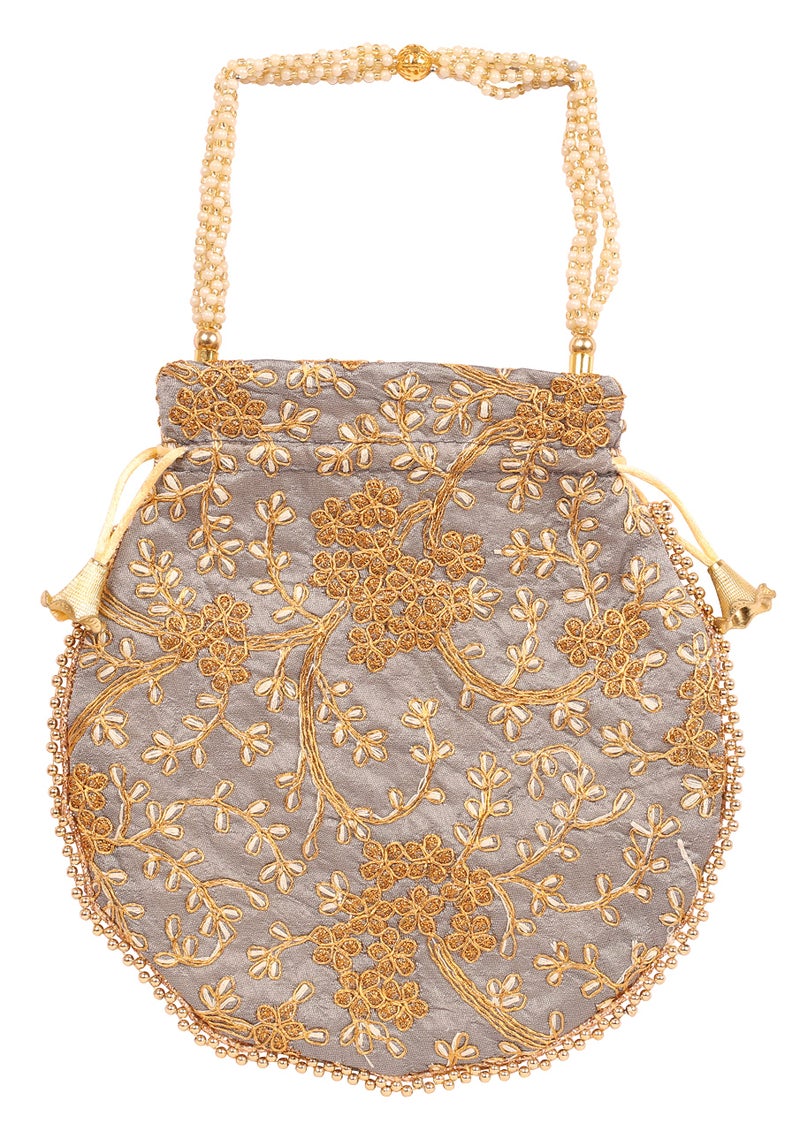 Touchstone NEW Indian Hand Embroidered Faux Pearls Strings Shopping Gifts Jewelry Wedding Sweet Distribution Faux Pearls Strings Drawstring Grey Bag Fancy Purse Pouch For Women. - Image 1