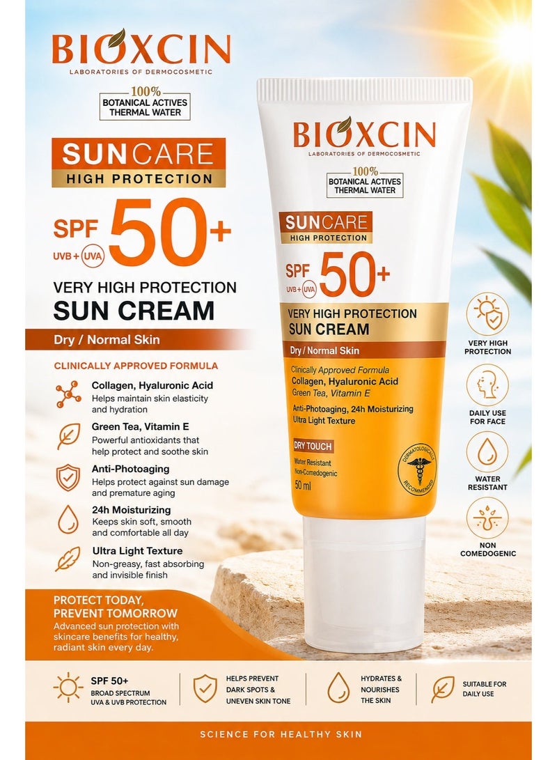 BIOXCIN SPF 50+ Sun Cream for Dry & Normal Skin | UVA UVB Protection | Hyaluronic Acid & Collagen | Water Resistant Dry Touch Sunscreen | 50ml - Image 1