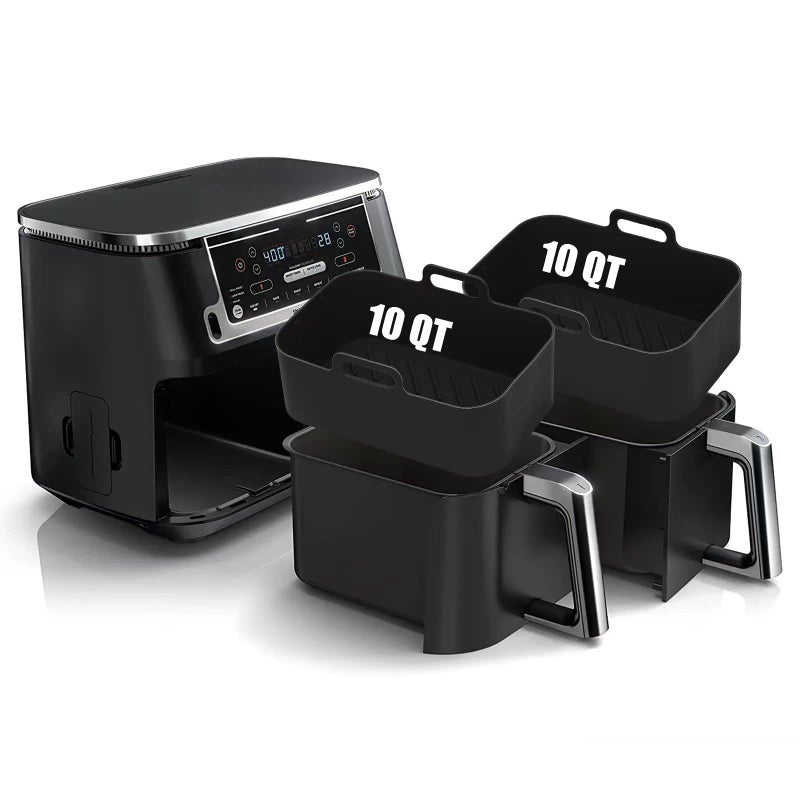 10QT Air Fryer Silicone Liners for Ninja DZ401DZ550SL401SL451DZ302MMH 2Pcs Rectangle FoodGrade Airfryer Silicone Pot Reusable Replacement Baking Basket for Cosori 9QT 8in1 Dual Air FryerBlack