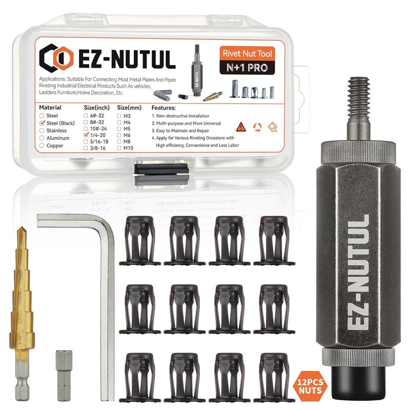 EZ-NUTUL Jack nut Installation Tool Set Hand Thread Insert Jacknuts Assortment Kit for Thin Metal Plastic Polywood Pressboard Hardboard (1/4-20 (Jack Nut Tool-12pcs, Black)) - Image 1
