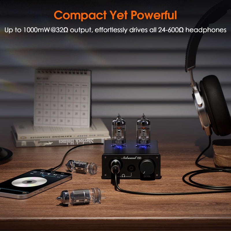 Nobsound P32 Tube Headphone Amplifier: 1000mW HiFi Desktop Preamp for 24â€“600Î© Headphones & Home Amps Speakers, 3.5mm/6.35mm Jacks, Swappable Tube & Op-Amp - Image 4