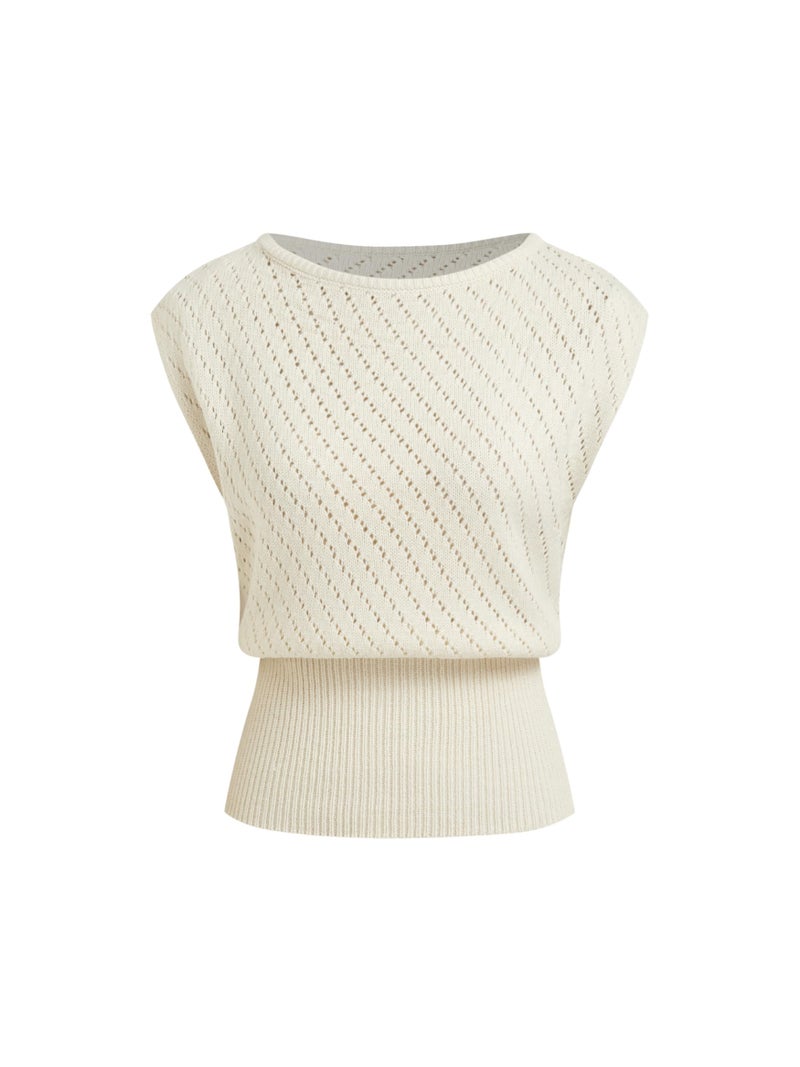 CIDER Summer Short Sleeve Sweater Vest for Women Boat Neck Ribbed Knit Cap Sleeve Cut Out Tops Going Out Trendy Tee Ivory - Image 1
