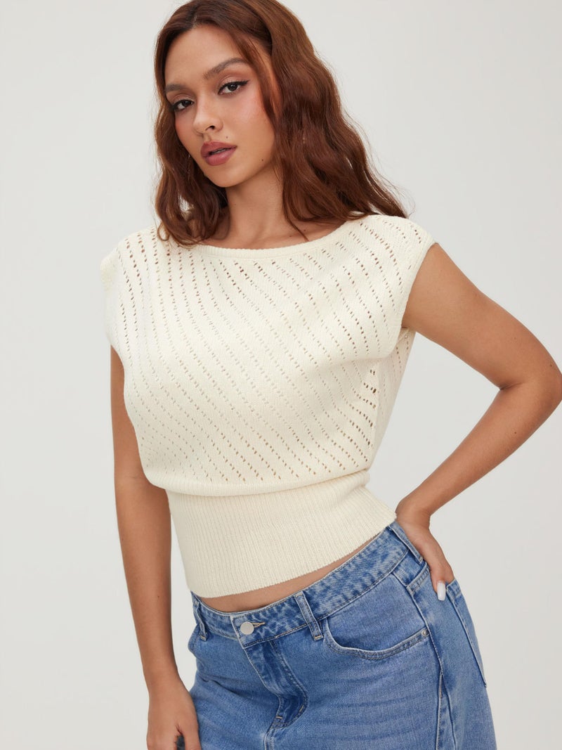 CIDER Summer Short Sleeve Sweater Vest for Women Boat Neck Ribbed Knit Cap Sleeve Cut Out Tops Going Out Trendy Tee Ivory - Image 3