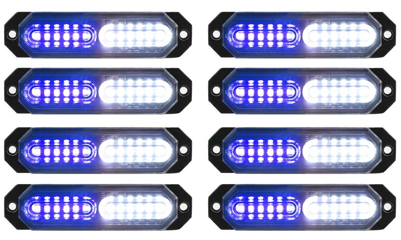 ASPL 8pcs Sync Feature Ultra Slim 12-LED Surface Mount Flashing Strobe Lights for Truck Car Vehicle LED Mini Grille Light Head Emergency Beacon Hazard Warning Lights (Blue/White) - Image 1