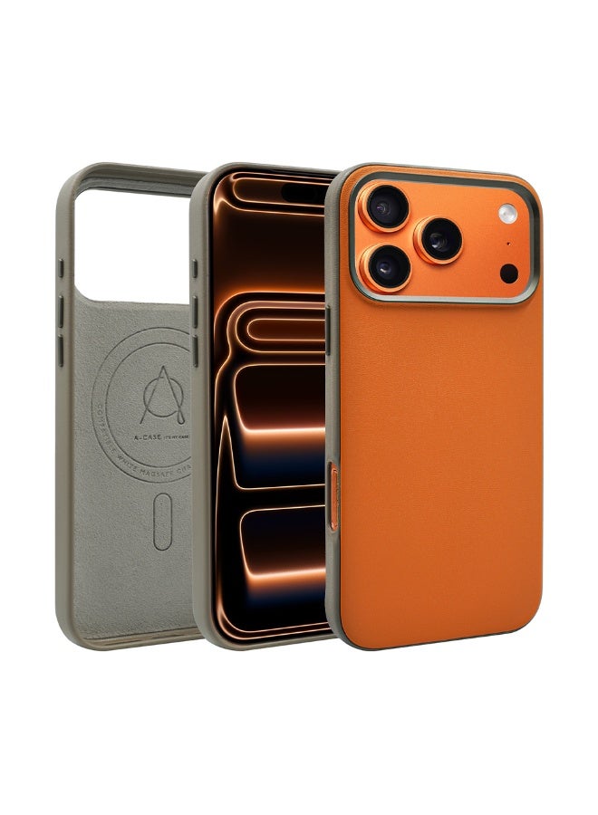 A-CASE Kilyos Premium Vegan Leather Case for iPhone 17 Pro Max, Slim Shockproof Back Cover with MagSafe Compatibility, Soft Microfiber Lining, Precision Cutouts – Orange - Image 1