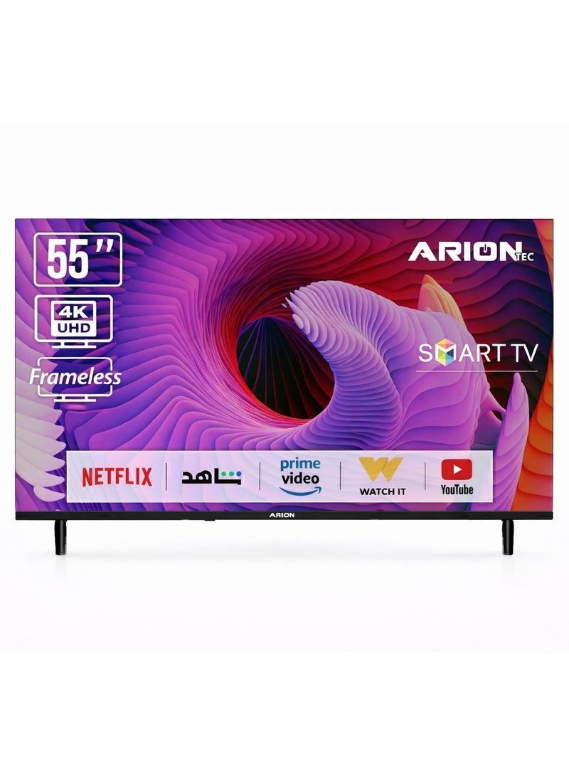 أريون تلفزيون 55 بوصة ذكي بنظام أندرويد 4K UHD، دقة فائقة الوضوح، شاشة فئة A+، تصميم نحيف بدون حواف، واي فاي، مداخل HDMI 2.0 و USB – موديل AR-55 T4S (55DF2) - Image 1