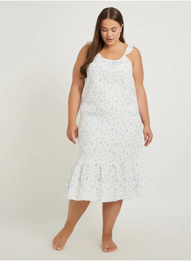 ستايلي Plus Size Floral Print Cotton Gauze Ruffle Trim Slip Dress