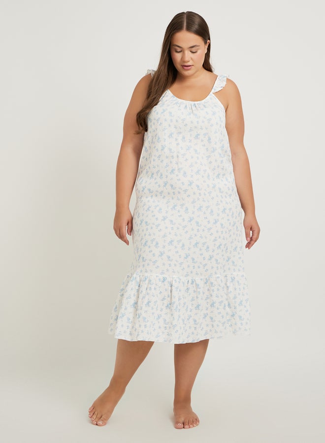 Styli Plus Size Floral Print Cotton Gauze Ruffle Trim Slip Dress - Image 1