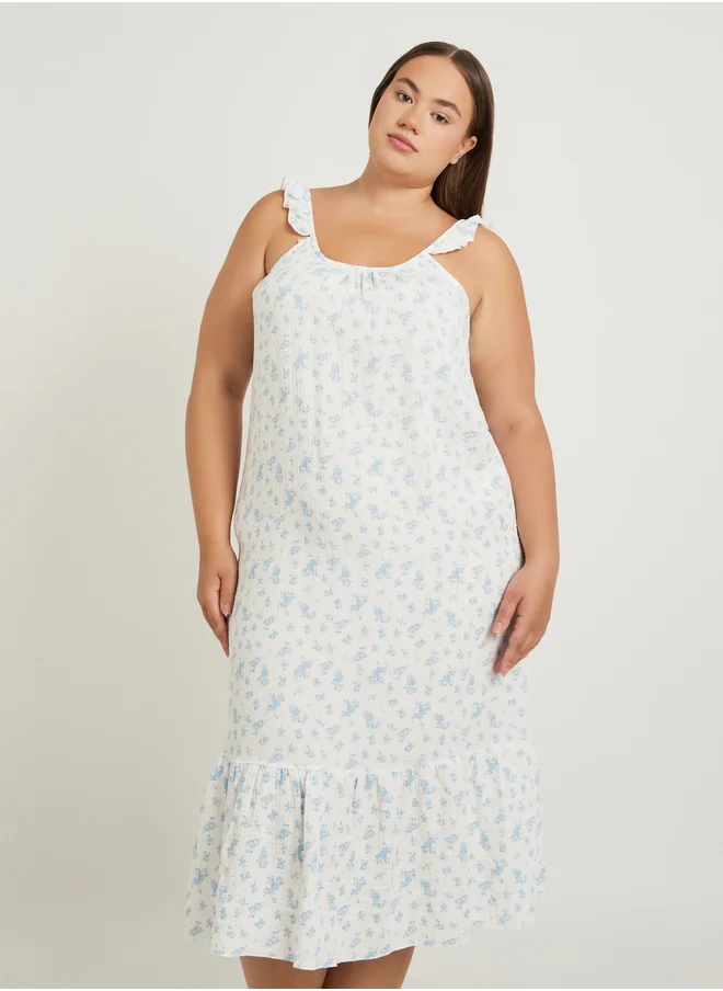 ستايلي Plus Size Floral Print Cotton Gauze Ruffle Trim Slip Dress