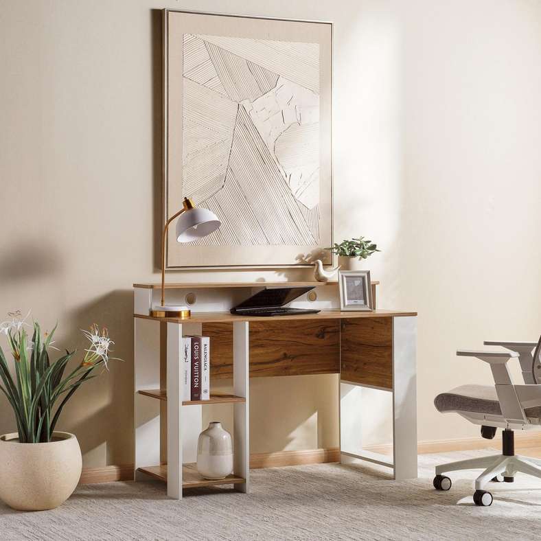 Pan Home Natural & White Writing Desk with Shelves for Home Office