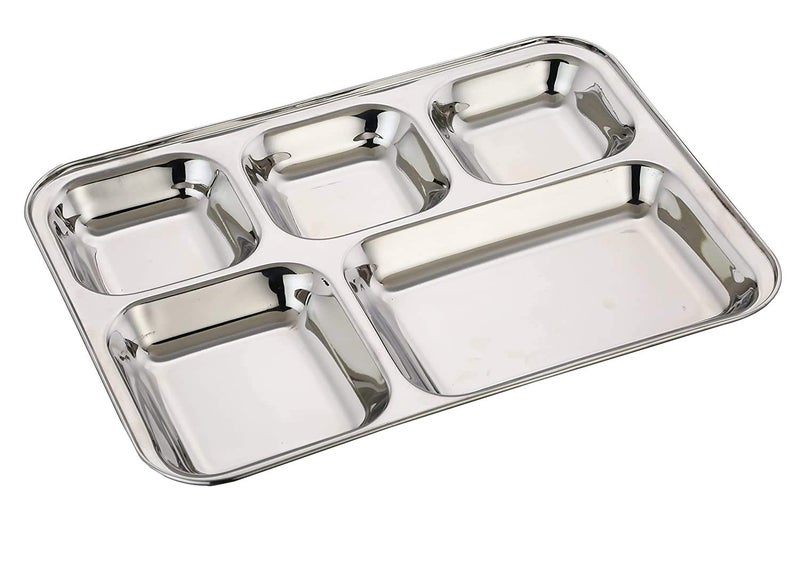 Wiaa Stainless Steel Lunch Dinner Plate Gujarati Thali Mess Tray Marriage Plate 5 in 1 Compartment Dining Set Mirror Polish 440 Gram Weight Per Plate Set of 2 - Image 1