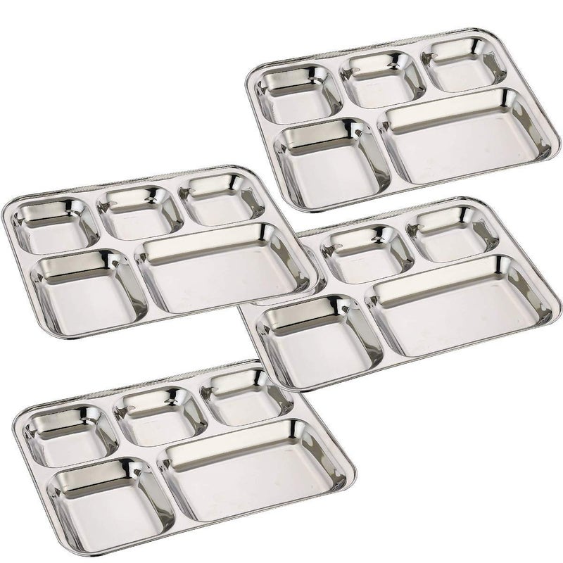 Wiaa Stainless Steel Lunch Dinner Plate Gujarati Thali Mess Tray Marriage Plate 5 in 1 Compartment Dining Set Mirror Polish 440 Gram Weight Per Plate Set of 2 - Image 4