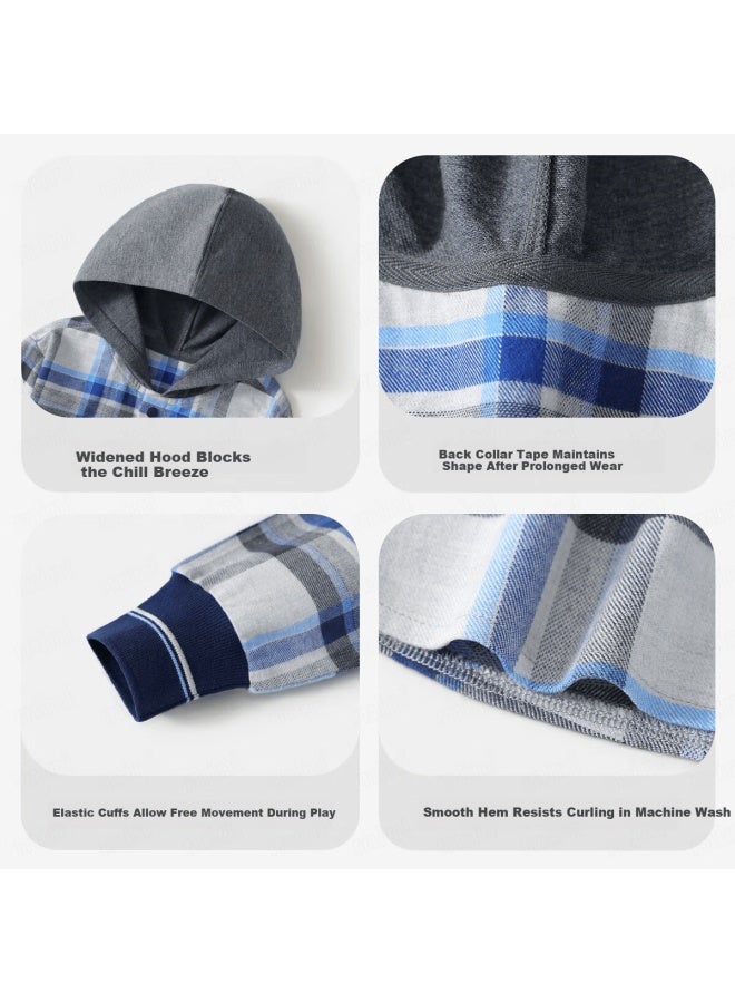 Mqdmini Kids Hooded Cotton Shirt Boys Jacket Blue Green Plaid - Image 5