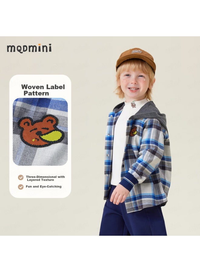 Mqdmini Kids Hooded Cotton Shirt Boys Jacket Blue Green Plaid - Image 2