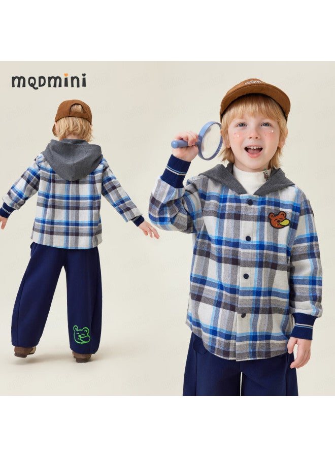 Mqdmini Kids Hooded Cotton Shirt Boys Jacket Blue Green Plaid - Image 1