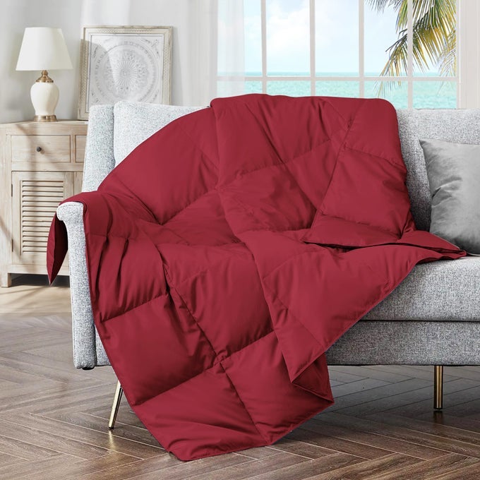 SOFT FEATHER DOWN THROW BLANKET LIGHTWEIGHT PACKABLE COUCH THROW FOR INDOOR AND OUTDOOR USE 50X70 WINE