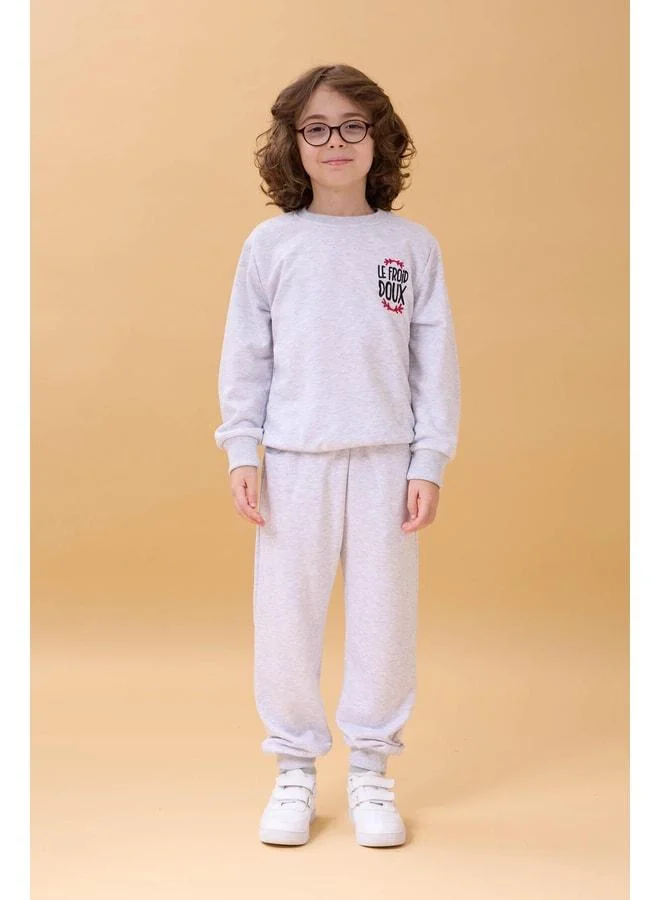 Perendi Boy Embroidered Print Detailed Seasonal Two-Piece Set - Ecru.