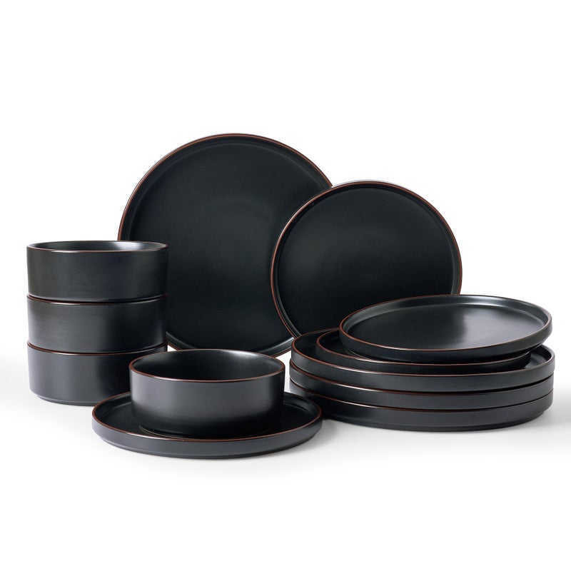 Famiware Nebula Ridge Stoneware Dinnerware Sets, Plates and Bowls Sets for 4, 12 Pieces Dishes Set, Microwave and Dishwasher Safe Kitchen Plates, Matte Black - Image 1