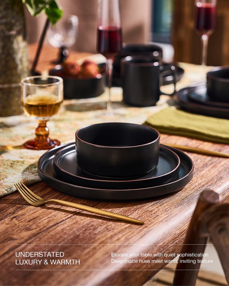 Famiware Nebula Ridge Stoneware Dinnerware Sets, Plates and Bowls Sets for 4, 12 Pieces Dishes Set, Microwave and Dishwasher Safe Kitchen Plates, Matte Black - Image 3