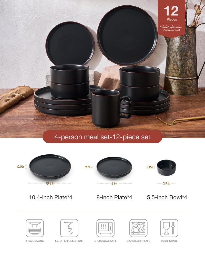 Famiware Nebula Ridge Stoneware Dinnerware Sets, Plates and Bowls Sets for 4, 12 Pieces Dishes Set, Microwave and Dishwasher Safe Kitchen Plates, Matte Black - Image 2
