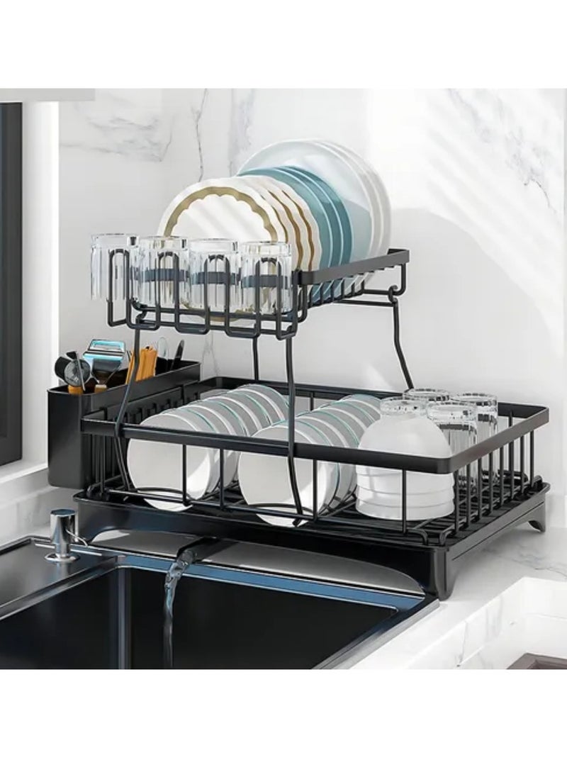 Generic - 2-Tier Dish Rack for Kitchen Countertop, Large Removable Stainless Steel Dish Drainer, Space-Saving Kitchen Organizer for Plates, Cups, Utensils, and Cutlery, Durable, Corrosion-Resistant, Easy to Clean, Includes Drainboard, Knife & Utensil Holder, Perfect for Keeping Your Kitchen Organized and Dry, Ideal for Modern Kitchens with Limited Counter Space, Practical Design for Efficient Dish Drying, Helps Keep Your Kitchen Counter Clean and Tidy, Adjustable Design for Versatile Use, High-Quality Material Ensures Long-Term Durability, Optimized Storage for All Your Kitchenware, Ideal for Busy Households Looking for a Practical and Stylish Solution to Dish Storage and Organization, Functional Design that Maximizes Space While Providing Easy Access to Drying Items, Effortless Maintenance and Versatile Placement Options. Perfect for Home Cooks, Small Apartments, or Anyone Looking to Enhance Kitchen Organization - Image 1