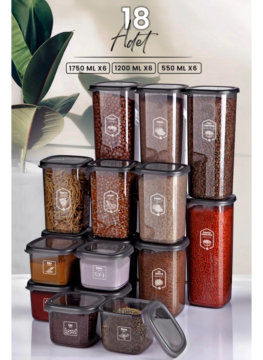 Kitchen Life Labeled 18 Piece Square Storage Container Set 6X1.75LT+1.2LT+055LT - Anthracite Food Jar