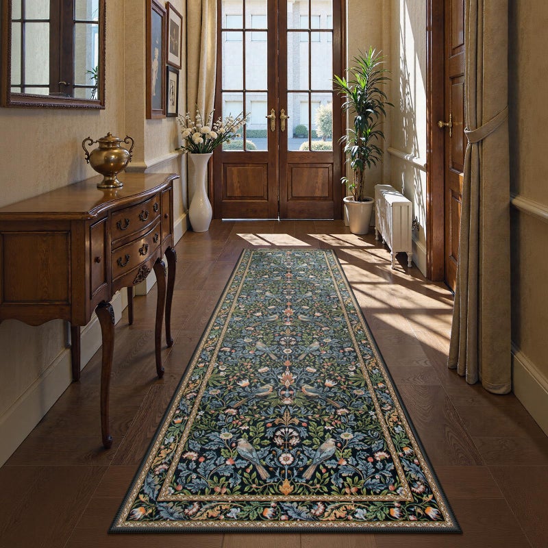 Morebes Boho Floral Washable Hallway Runner Rug 8ft Non Slip, Soft Flowers 2.5x8 Bathroom Rug Runner, Botanical Birds Ultra Thin Indoor Floor Carpet for Kitchen Laundry Bathroom, Navy Blue - Image 2