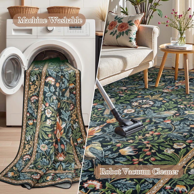 Morebes Boho Floral Washable Hallway Runner Rug 8ft Non Slip, Soft Flowers 2.5x8 Bathroom Rug Runner, Botanical Birds Ultra Thin Indoor Floor Carpet for Kitchen Laundry Bathroom, Navy Blue - Image 3