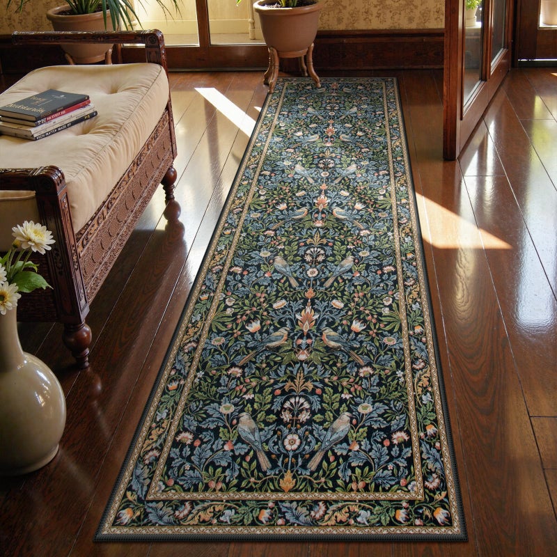 Morebes Boho Floral Washable Hallway Runner Rug 8ft Non Slip, Soft Flowers 2.5x8 Bathroom Rug Runner, Botanical Birds Ultra Thin Indoor Floor Carpet for Kitchen Laundry Bathroom, Navy Blue - Image 1