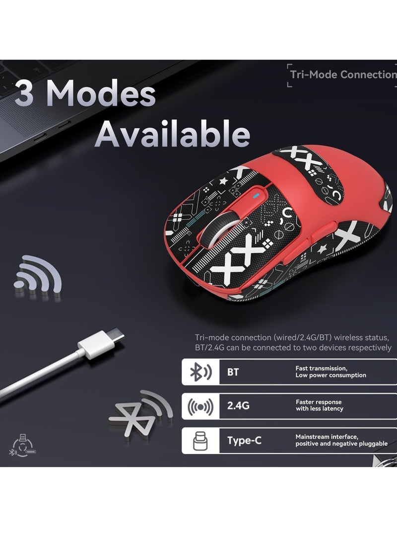 Attack Shark X3 Wireless Gaming Mouse, 49g Ultralight, PixArt PAW3395 26000 DPI, Bluetooth/2.4Ghz /Wired Tri-Mode, 200Hrs Rechargeable Battery, Kailh GM8.0 Switch for MAC/Win - Red&Tape - Image 5