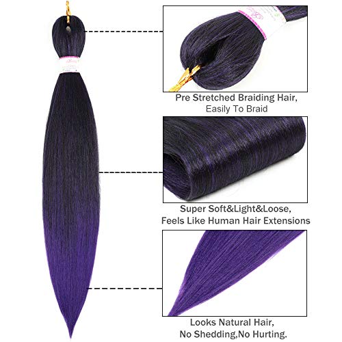 Befunny 8 Packs Braiding Hair Pre Stretched 24inch Prestretched Crochet Hair Two Tone Black/Purple Pre stretched Synthetic Hair For Human 3X Braids Yaki Straight, Itch Free For Women(24”,Tpurple) - Image 3