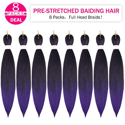 Befunny 8 Packs Braiding Hair Pre Stretched 24inch Prestretched Crochet Hair Two Tone Black/Purple Pre stretched Synthetic Hair For Human 3X Braids Yaki Straight, Itch Free For Women(24”,Tpurple) - Image 2