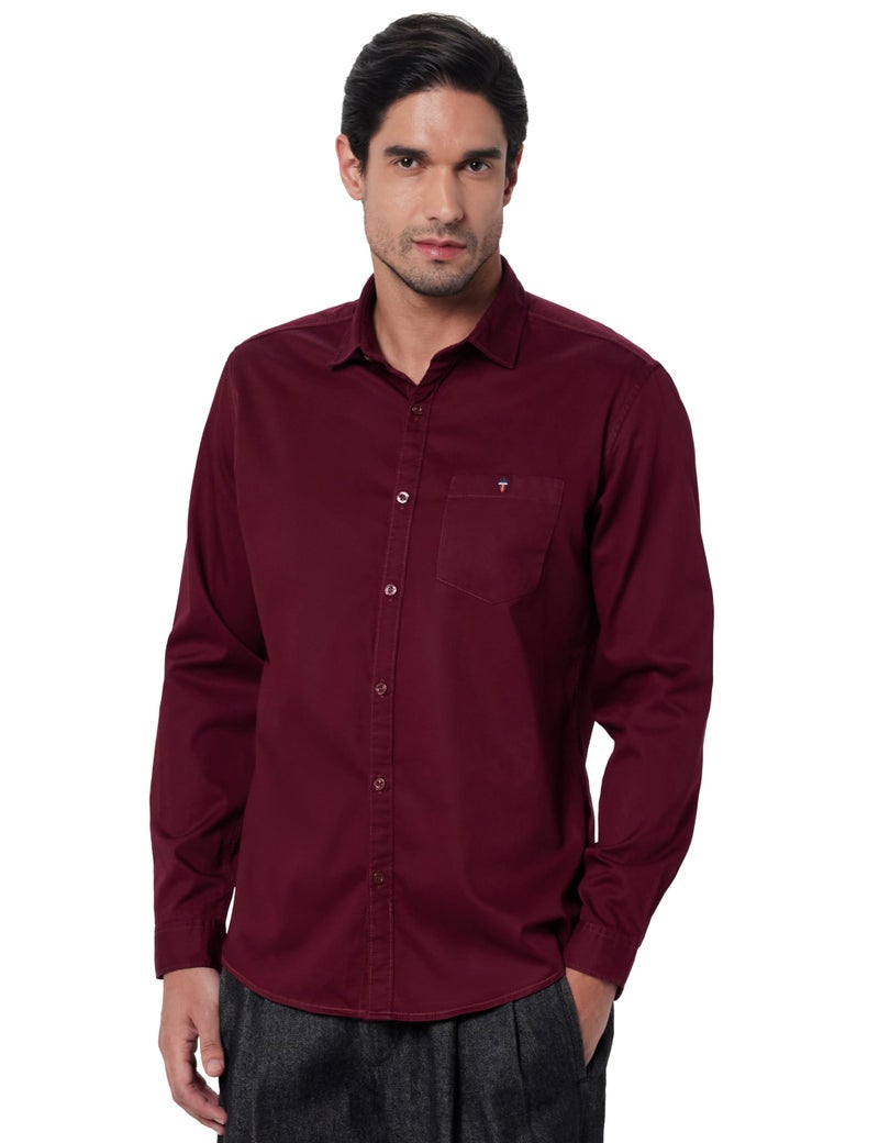 LOUIS PHILIPPE قميص رجالي من قطن لويس فيليب بقصة ضيقة (LRSFCSLPE10483_Maroon, 39) - Image 1