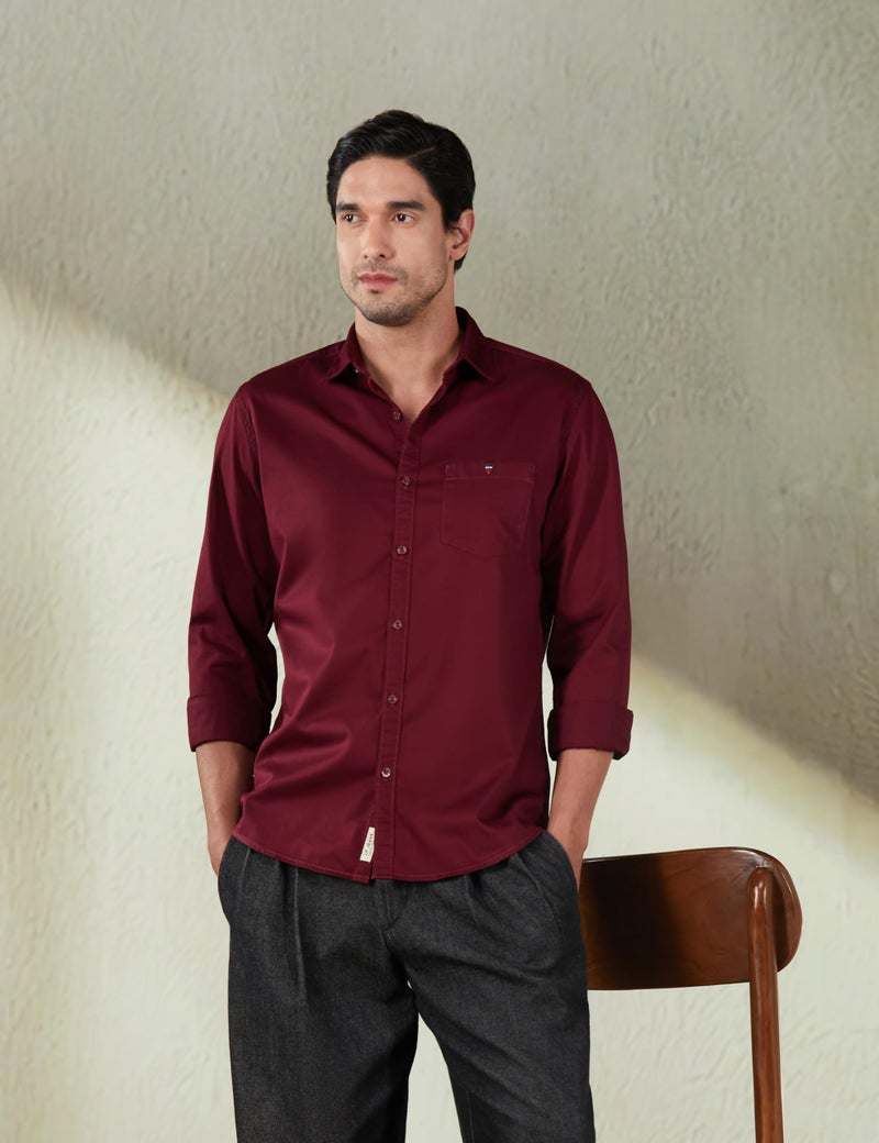 LOUIS PHILIPPE قميص رجالي من قطن لويس فيليب بقصة ضيقة (LRSFCSLPE10483_Maroon, 39) - Image 2