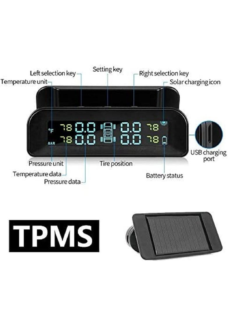 althiqahkey TPMS Tire Pressure Monitoring System Solar Power Wireless Car Tire Pressure Monitoring System with Temperature and Pressure LCD Display Auto Alarm Real Time Monitoring  - Image 2