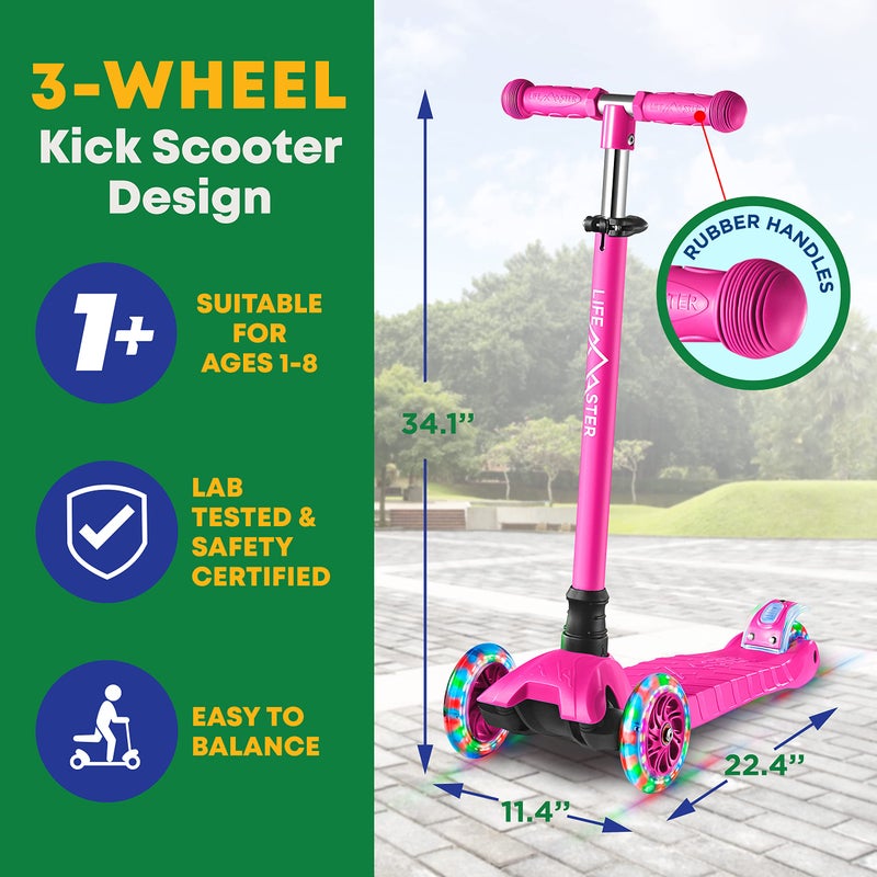 Lifemaster Kids Scooter â€“ Children and Toddler 3 Wheel Kick Scooter â€“ LED Wheel Lights Illuminate When Rollingâ€“ Adjustable Handlebar â€“ Indoor and Outdoor Pink - Image 5