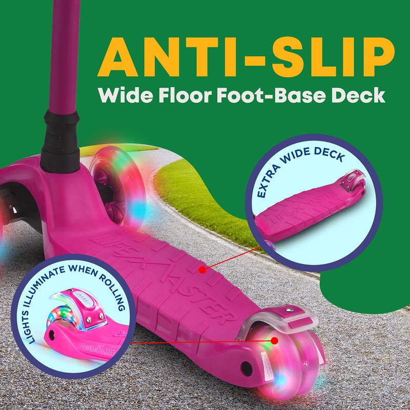 Lifemaster Kids Scooter â€“ Children and Toddler 3 Wheel Kick Scooter â€“ LED Wheel Lights Illuminate When Rollingâ€“ Adjustable Handlebar â€“ Indoor and Outdoor Pink - Image 4