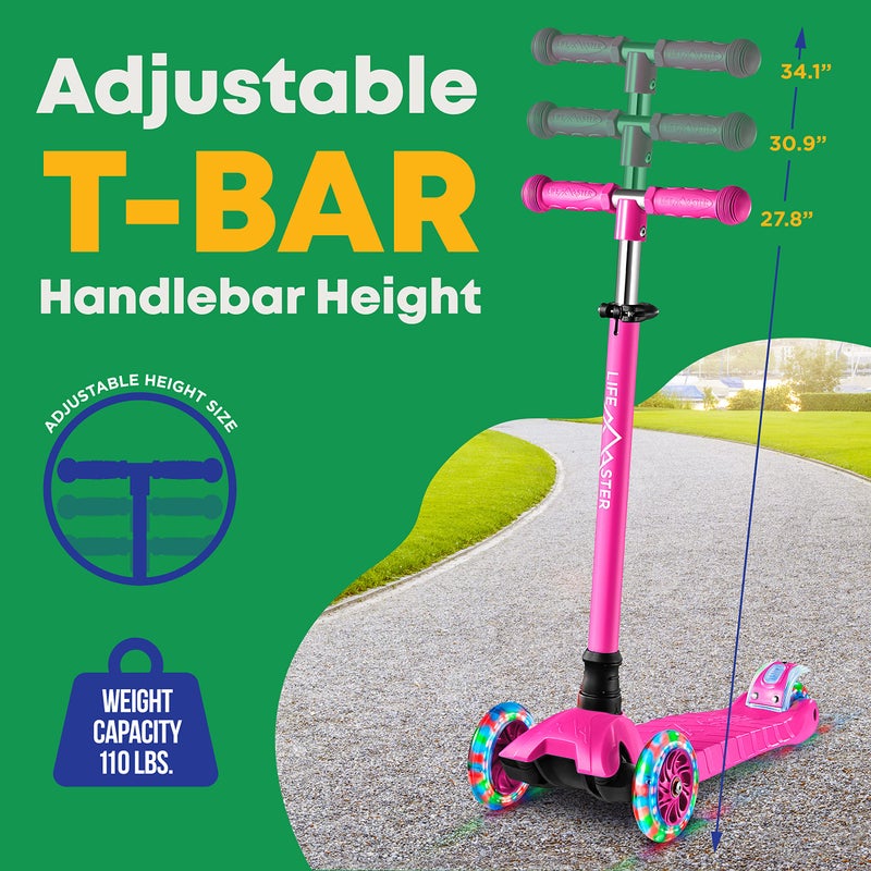 Lifemaster Kids Scooter â€“ Children and Toddler 3 Wheel Kick Scooter â€“ LED Wheel Lights Illuminate When Rollingâ€“ Adjustable Handlebar â€“ Indoor and Outdoor Pink - Image 2