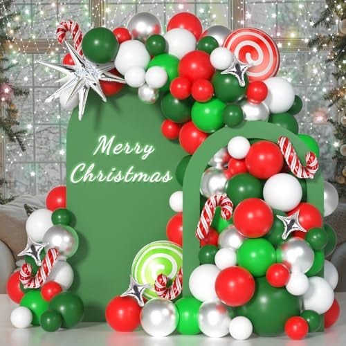 Janinus Christmas Balloons Garland Arch Kit 145 Pcs Red White Green Silver Balloons with Candy Star Christmascane for Xmas Baby Shower Birthday Party Decor - Image 1