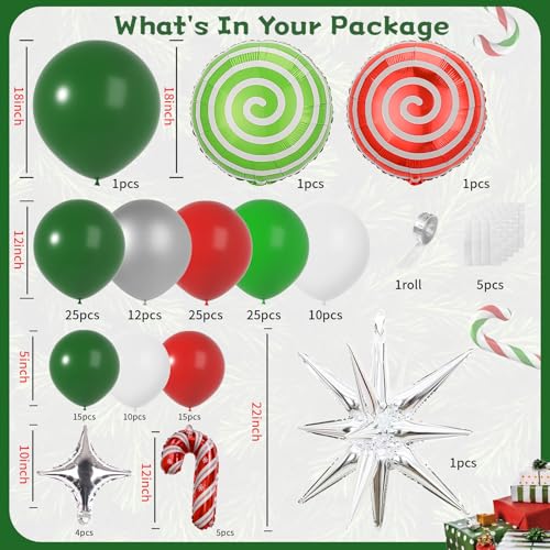 Janinus Christmas Balloons Garland Arch Kit 145 Pcs Red White Green Silver Balloons with Candy Star Christmascane for Xmas Baby Shower Birthday Party Decor - Image 5