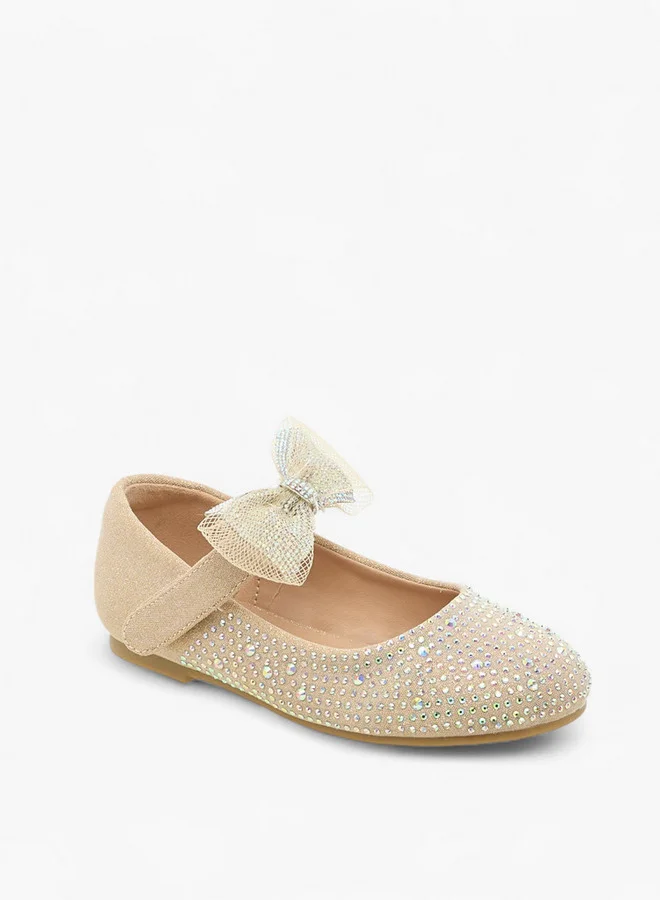 JUNIORS Girls Bow Embellished Ballerina Shoes with Hook and Loop Closure