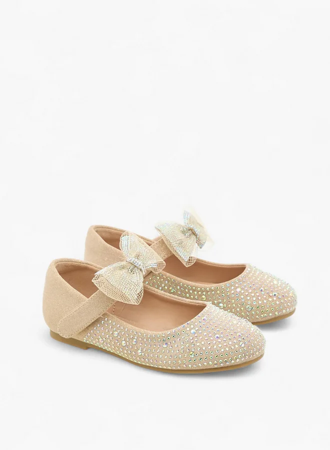 JUNIORS Girls Bow Embellished Ballerina Shoes with Hook and Loop Closure