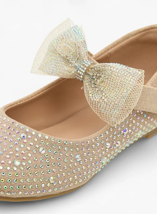 JUNIORS Girls Bow Embellished Ballerina Shoes with Hook and Loop Closure