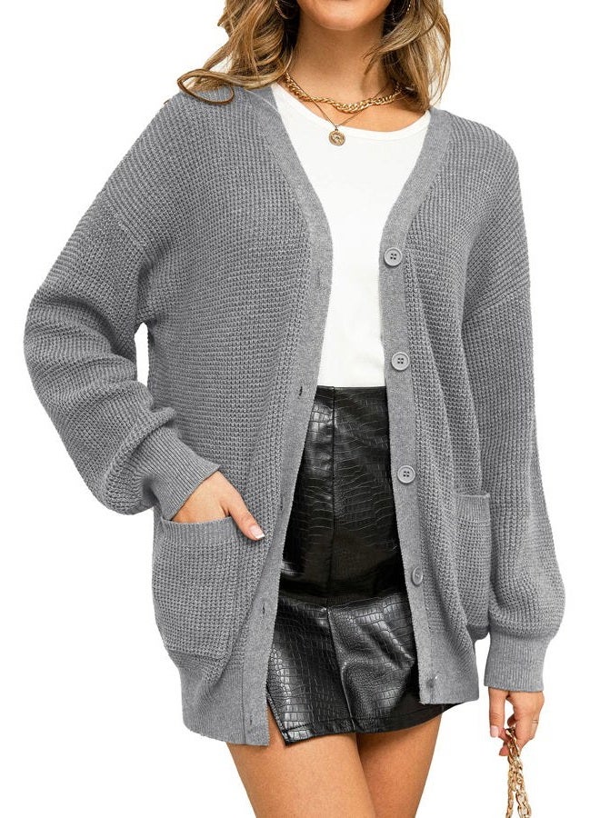 QUALFORT Women's 100% Cotton Cardigan Sweaters for Women Button Down Oversized Knit Outerwear with Pockets Fall Cardigan 2025, Grey, S - Image 4
