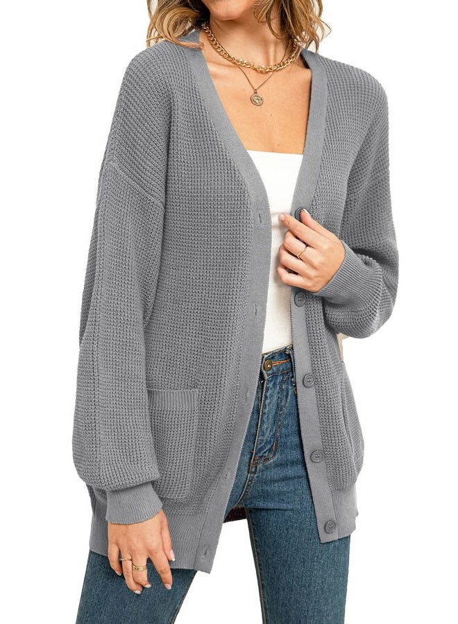 QUALFORT Women's 100% Cotton Cardigan Sweaters for Women Button Down Oversized Knit Outerwear with Pockets Fall Cardigan 2025, Grey, S - Image 1