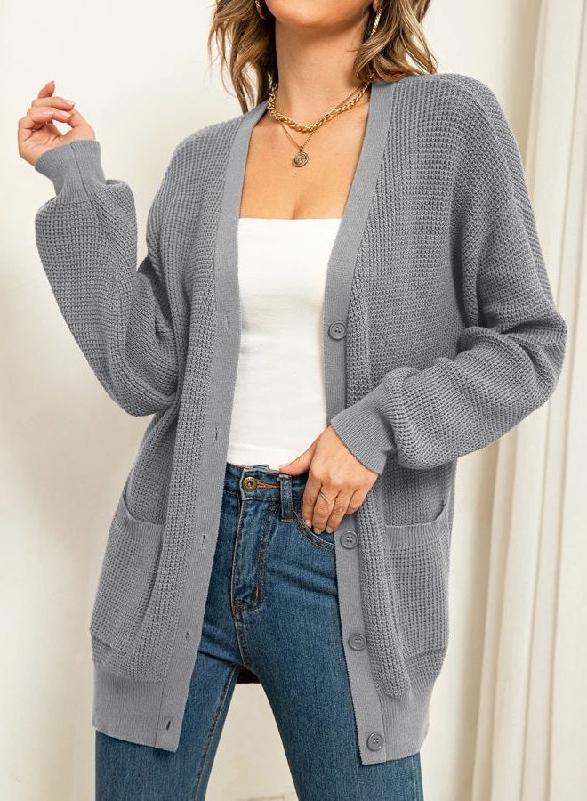 QUALFORT Women's 100% Cotton Cardigan Sweaters for Women Button Down Oversized Knit Outerwear with Pockets Fall Cardigan 2025, Grey, S - Image 2