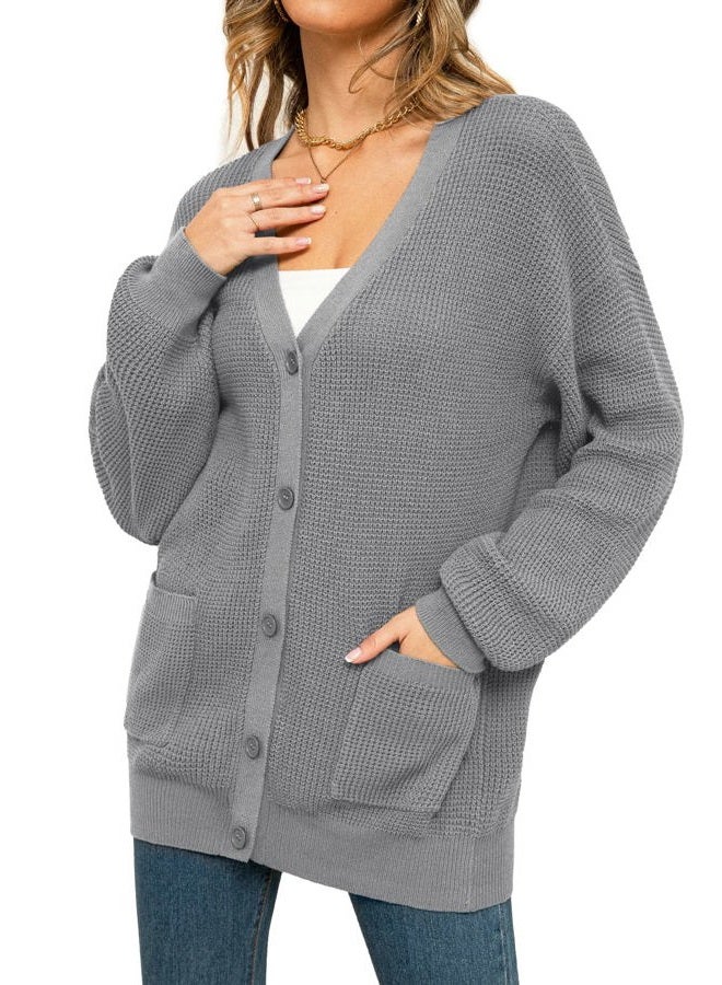 QUALFORT Women's 100% Cotton Cardigan Sweaters for Women Button Down Oversized Knit Outerwear with Pockets Fall Cardigan 2025, Grey, S - Image 5
