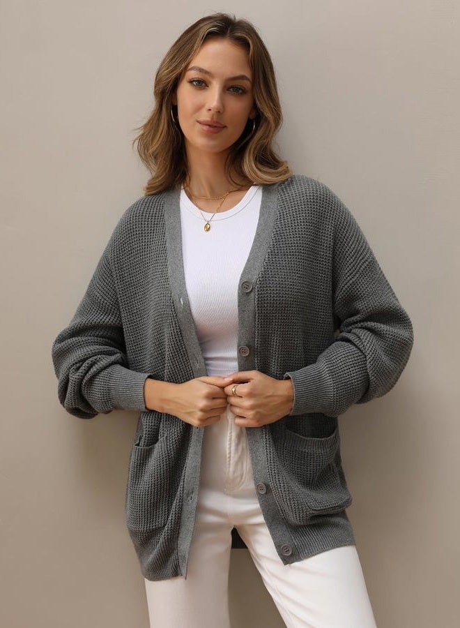 QUALFORT Women's 100% Cotton Cardigan Sweaters for Women Button Down Oversized Knit Outerwear with Pockets Fall Cardigan 2025, Grey, S - Image 3