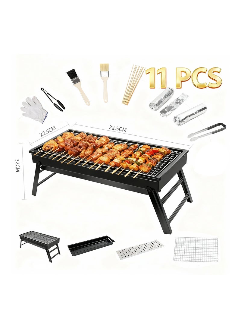 Charcoal Grill, 11-Pcs Barbecue Grill Set, 60cm Shish Kebab Grill, Outdoor Camping Stove, Stainless Steel Foldable BBQ for Garden Picnic Party - Image 1