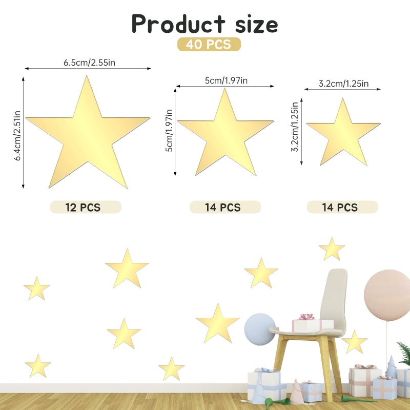 Larrel 40 Pcs Star Wall Decals, Self Adhesive Gold Star Stickers with 3 Different Size Removable Peel and Stick Acrylic Mirror Wall Stickers for Bedroom, Living Room, DIY Decoration - Image 2